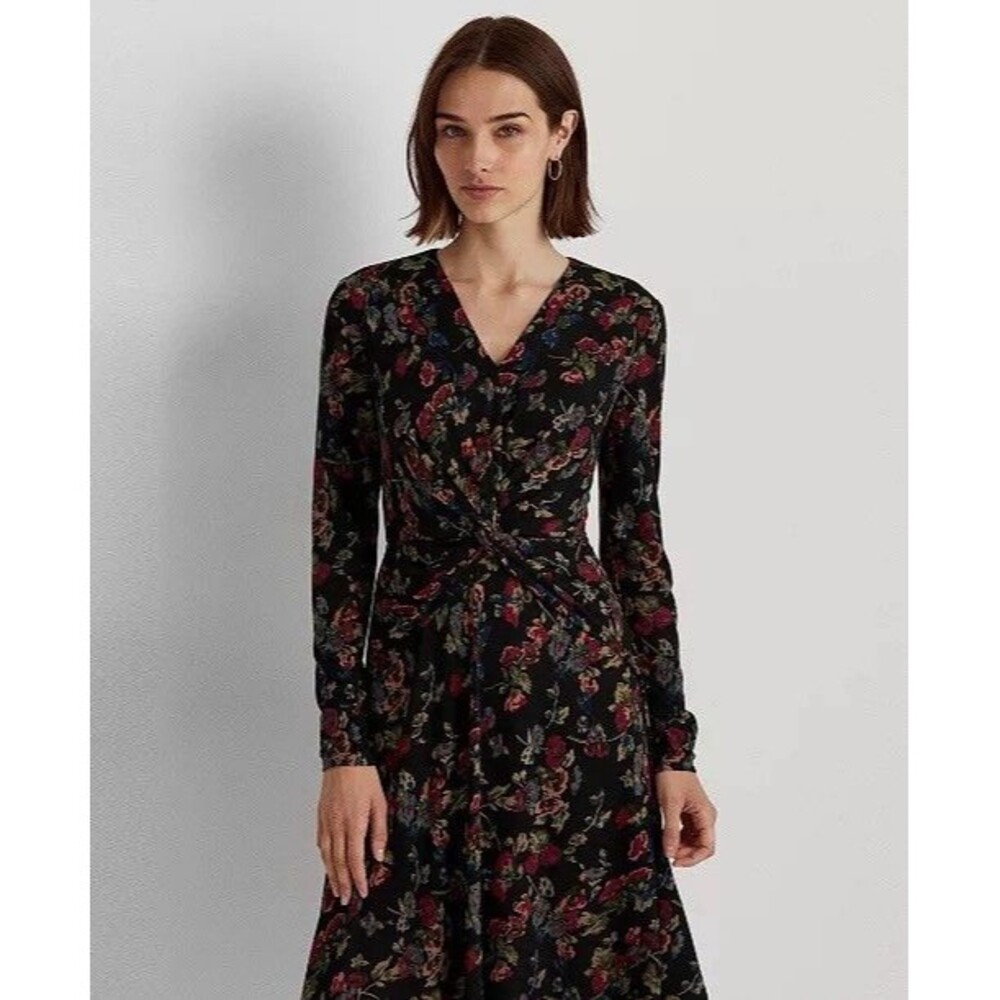 Nwt Lauren Ralph Lauren Dress Size 2 Floral Surplice Jersey Long Sleeve Black